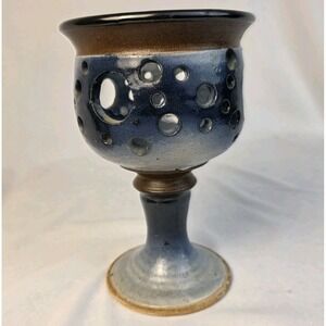Alewine Pottery Luminary Footed Goblet Candle Holder 7" Blue Brown Glaze